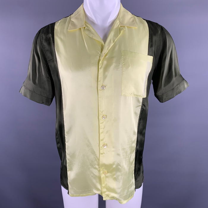 DRIES VAN NOTEN Size M Green Lime Color Block Silk Bowling Short Sleeve Shirt