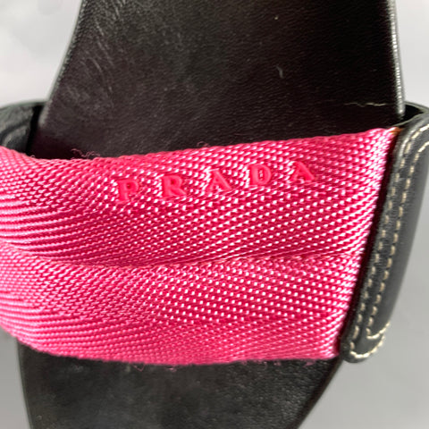 PRADA Size 8 Black Pink Nylon Mixed Materials Leather Trim Slip On Sandals