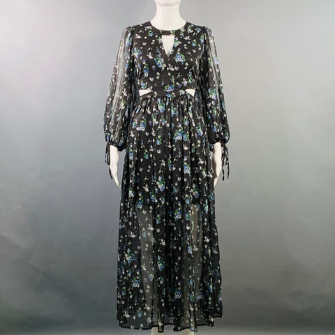 MAJE Size S Black Green Blue Chiffon Floral Cutout Midi Dress