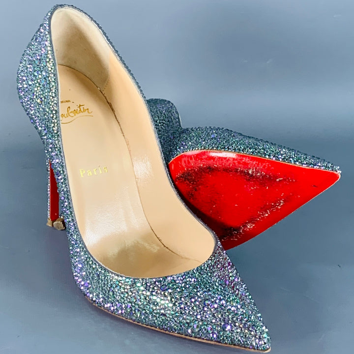 CHRISTIAN LOUBOUTIN Size 9.5 Kate Strass Multi Color Red Suede Rhinestones Pointed Toe Pumps