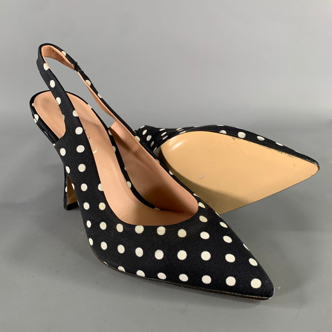ERMANNO SCERVINO Size 7 Black White Canvas Polka Dot Slingback Pumps