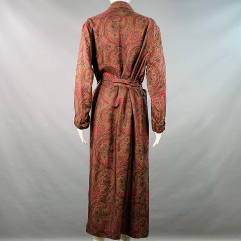 ETRO Size S Brown Burgundy Silk Paisley Shawl Collar Belted Robe Coat