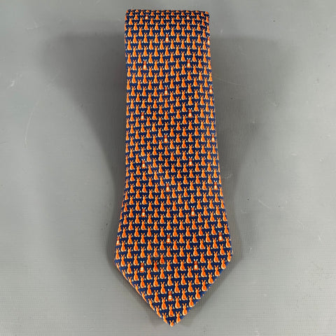 HERMES Navy Orange Rabbits Silk Tie