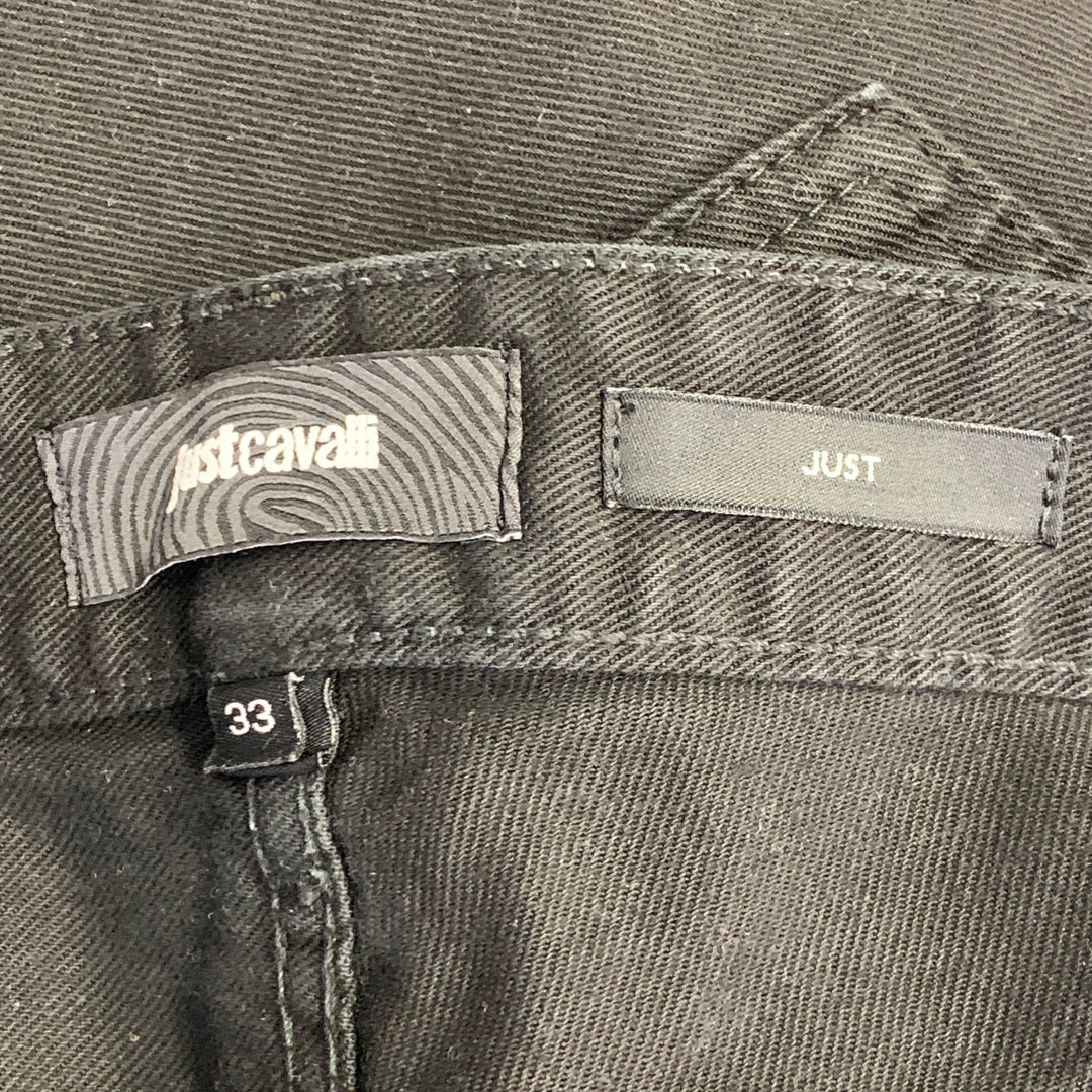 JUST CAVALLI Size 33 Black Silver Studded Cotton Blend Denim Button Fly Jeans