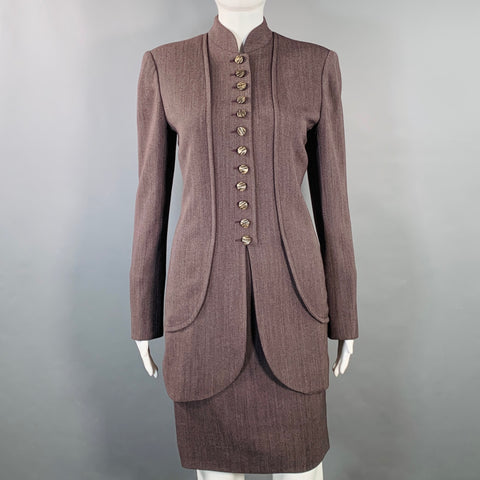 EMANUEL UNGARO Size 6 Purple Brown Wool Twill Mandarin Collar Midi Pencil Skirt Suit