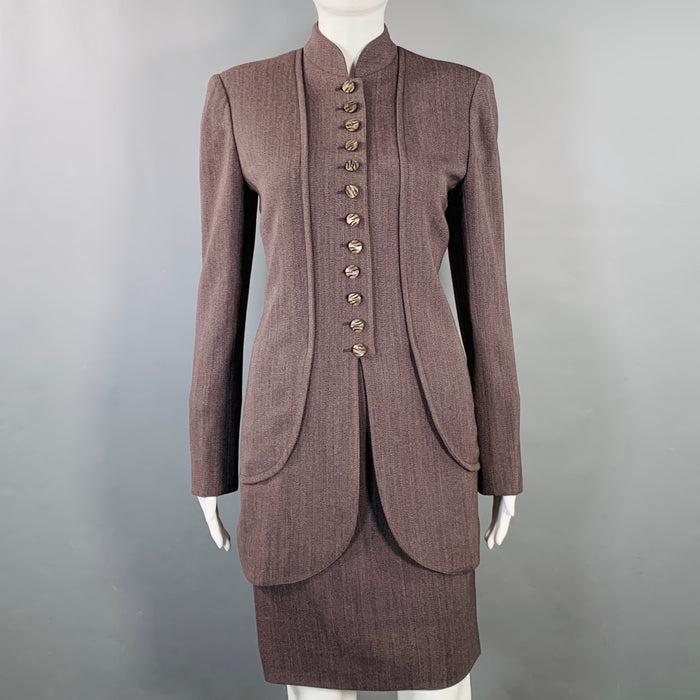 EMANUEL UNGARO Size 6 Purple Brown Wool Twill Mandarin Collar Midi Pencil Skirt Suit