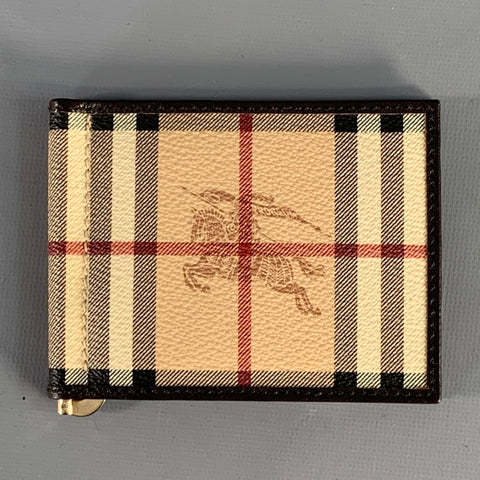 BURBERRY PRORSUM Beige Brown Plaid Pebble Grain Leather Wallet