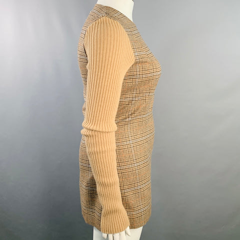 MAISON MARTIN MARGIELA Size L Camel Wool Houndstooth Long Sleeve Mini Dress