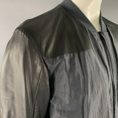 FENDI Size 44 Black Navy Linen Silk Leather Bomber Jacket