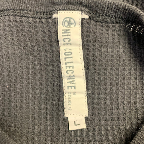 NICE COLLECTIVE Size L Black White Waffle Knit Cotton Long Sleeve Pullover