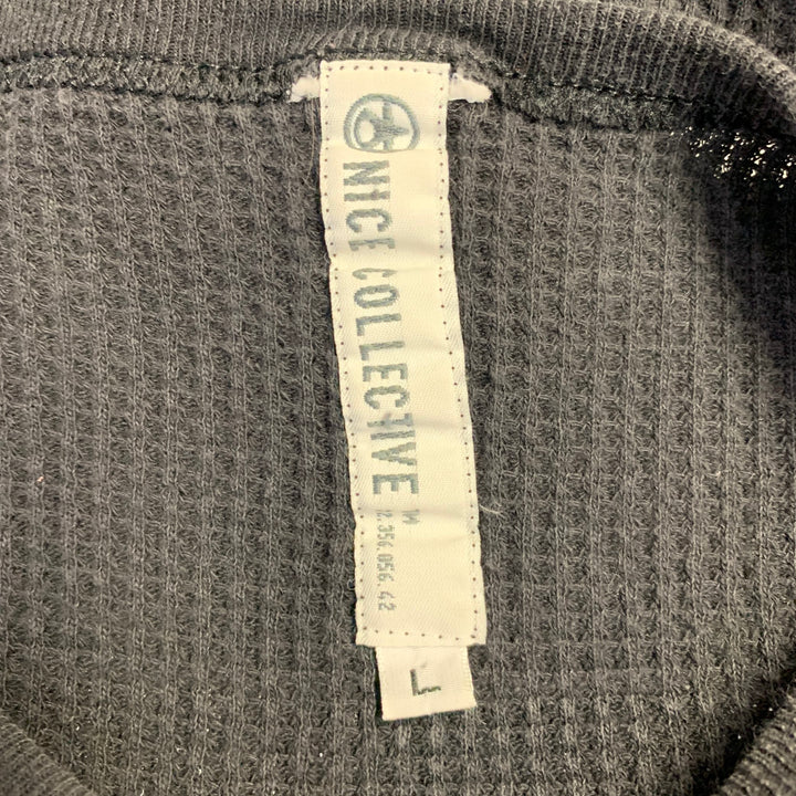NICE COLLECTIVE Size L Black White Waffle Knit Cotton Long Sleeve Pullover