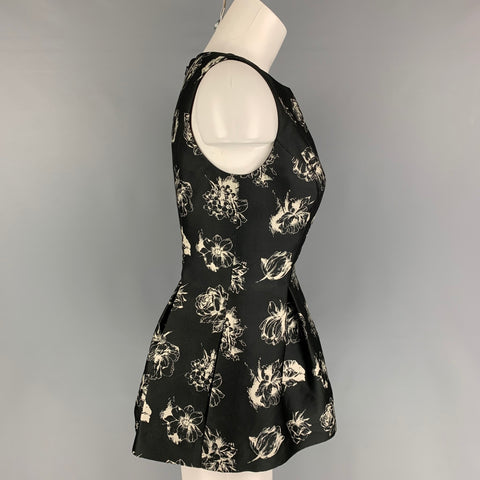 LELA ROSE Taille S Blouse péplum florale en satin blanc noir
