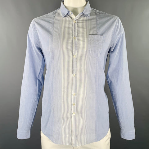 JOHN VARVATOS Taille L Chemise Manches Longues Coton Lin Rayée Bleu Clair Blanc