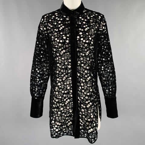 AKRIS Size XS Black Velvet Perforated Hidden Placket Shirt