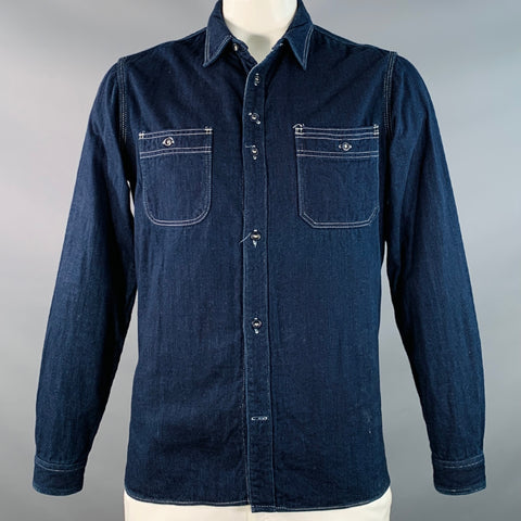 FREEMANS SPORTING CLUB Size L Navy Indigo Twill Cotton Contrast Stitch Long Sleeve Shirt