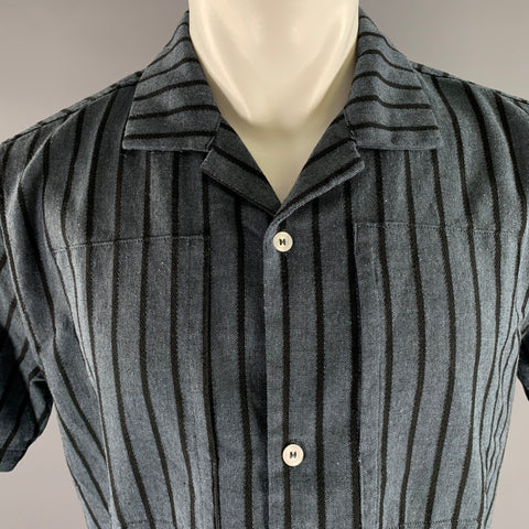 RYTHYM Size M Navy Black Stripe Cotton Blend Camp Short Sleeve Shirt