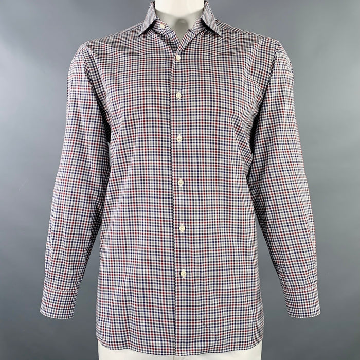 ERMENEGILDO ZEGNA Size XL Navy Red Checkered Cotton Long Sleeve Shirt