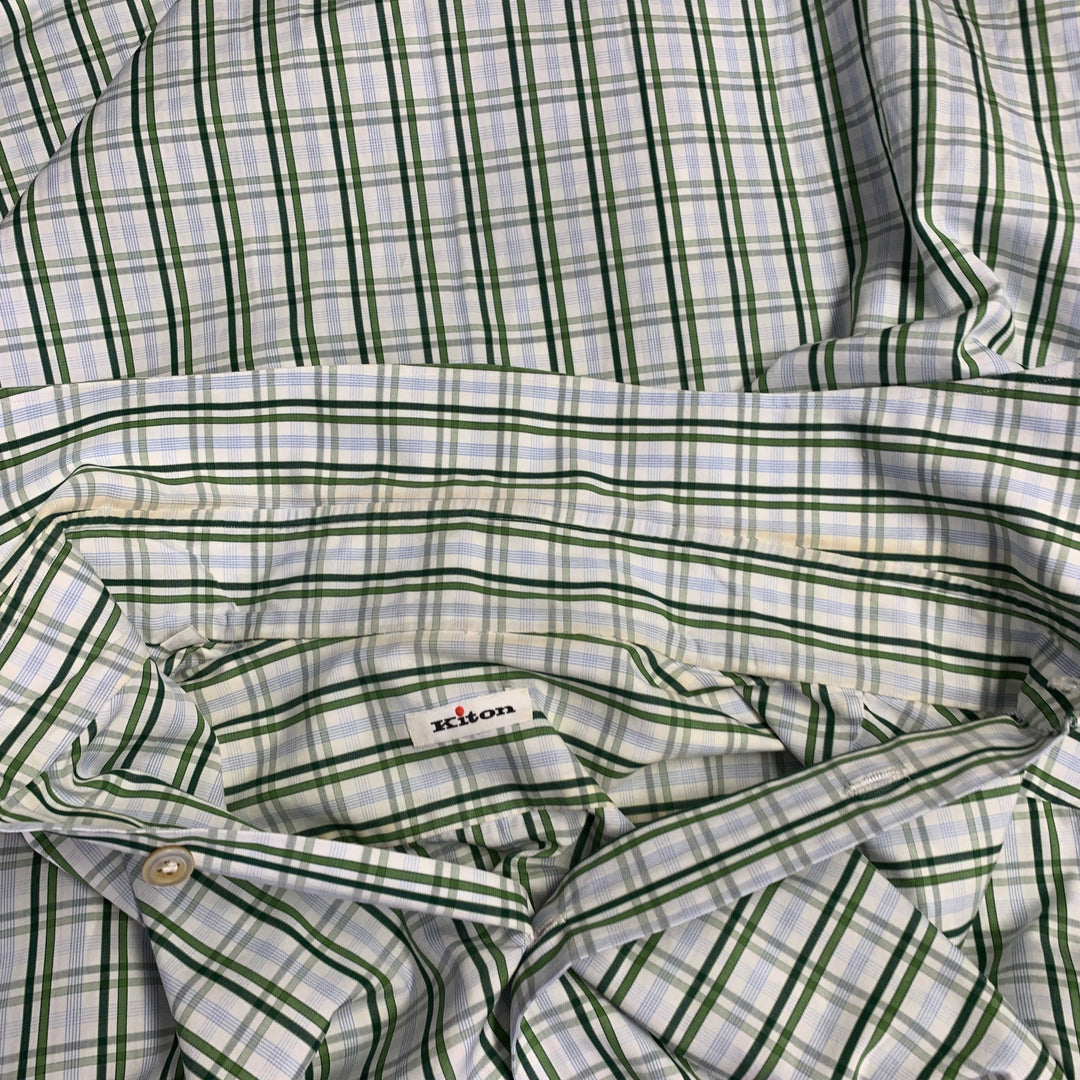 KITON Size M White Green Plaid Cotton Curved Cutaway Long Sleeve Shirt