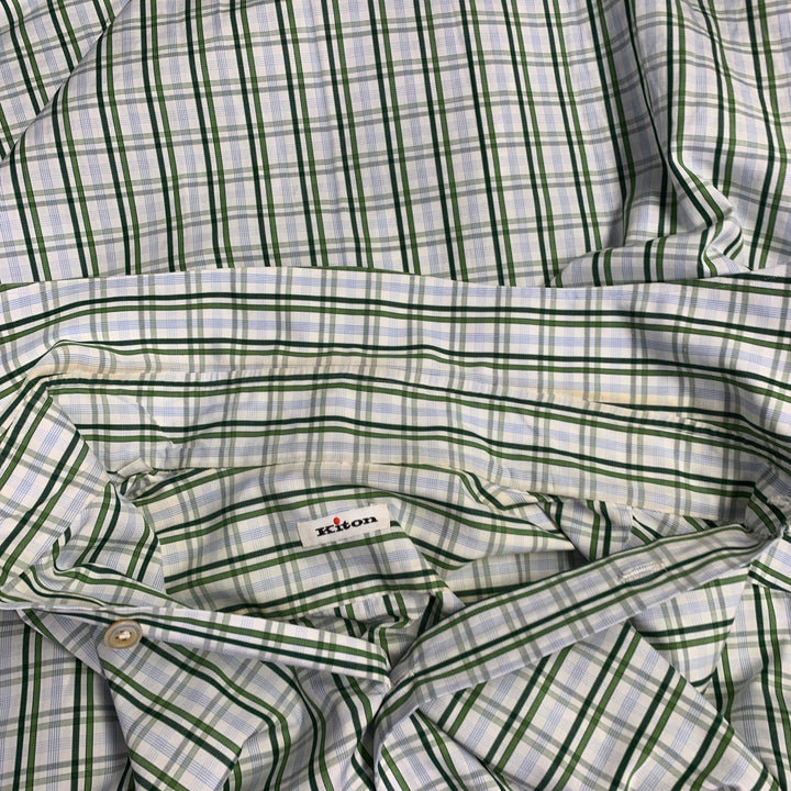 KITON Size M White Green Plaid Cotton Curved Cutaway Long Sleeve Shirt