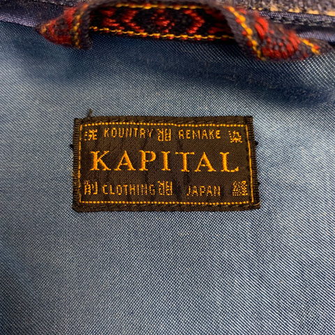 KAPITAL Size XL Indigo White Stripe Wool Blend Open Front Jacket