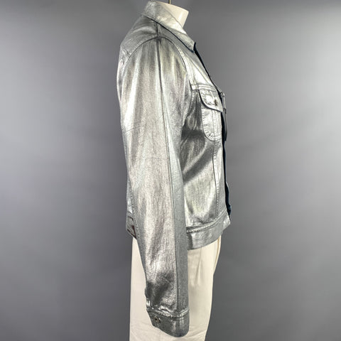 RALPH LAUREN Size L Silver Metallic Cotton Trucker Jacket
