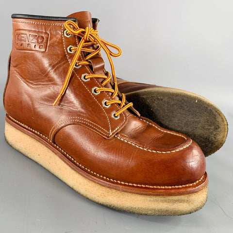 KENZO Size 9.5 Brown Contrast Stitch Leather Lace-Up Zipper Boots