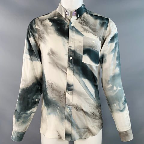 PATRIK ERVELL FW12 Size M Grey Ivory Marbled Silk Twill Button Down Collar Long Sleeve Shirt