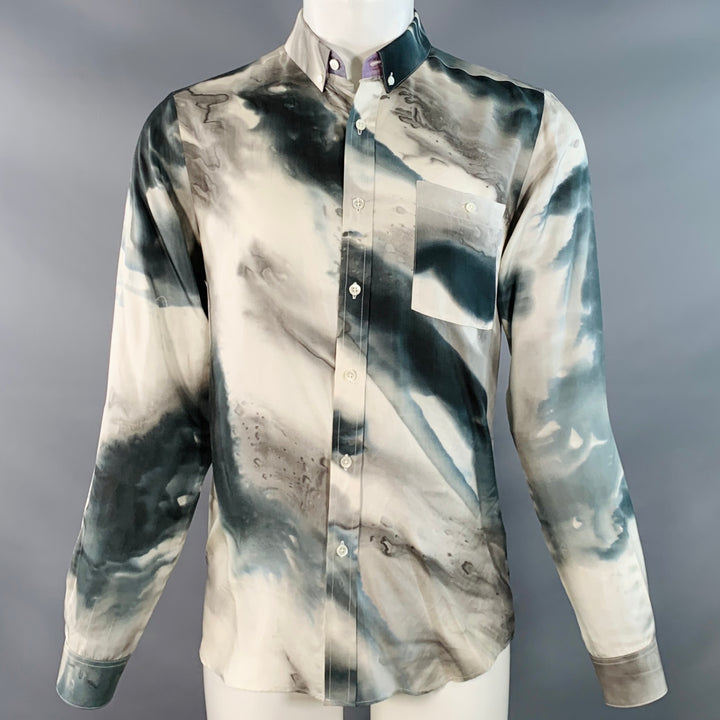 PATRIK ERVELL FW12 Size M Grey Ivory Marbled Silk Twill Button Down Collar Long Sleeve Shirt