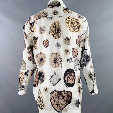 MARNI Size XXS Resonance White Brown Floral Print Silk Oversized Button Up Long Sleeve Shirt