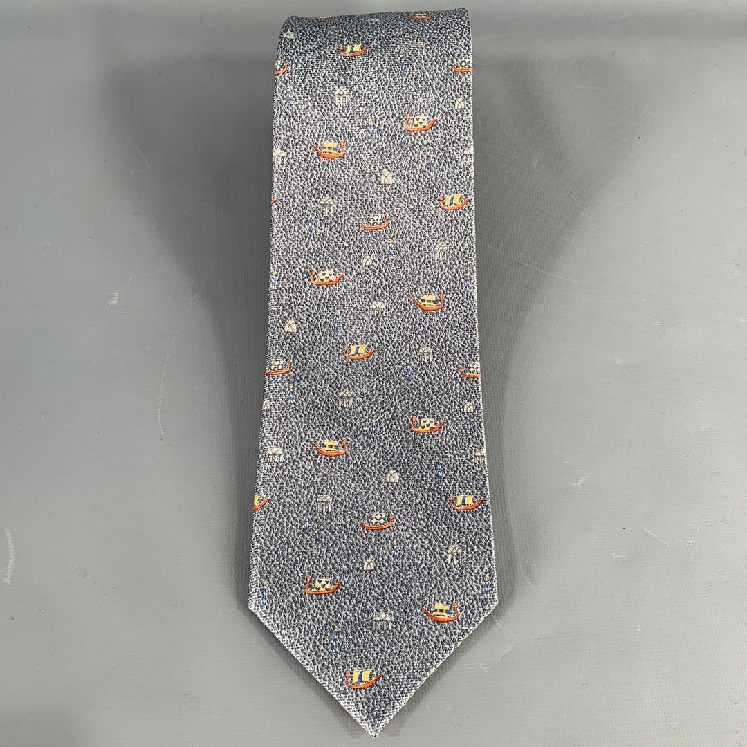 BULGARI Blue Orange White Seascape Silk Tie