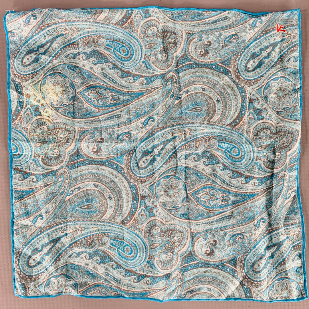 ISAIA Blue Aqua Paisley Cotton Silk Pocket Square