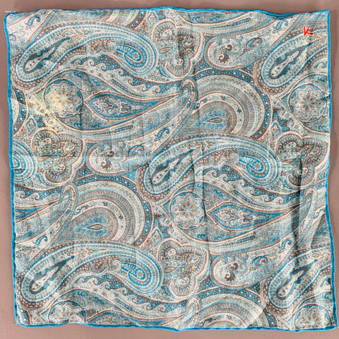 ISAIA Blue Aqua Paisley Cotton Silk Pocket Square