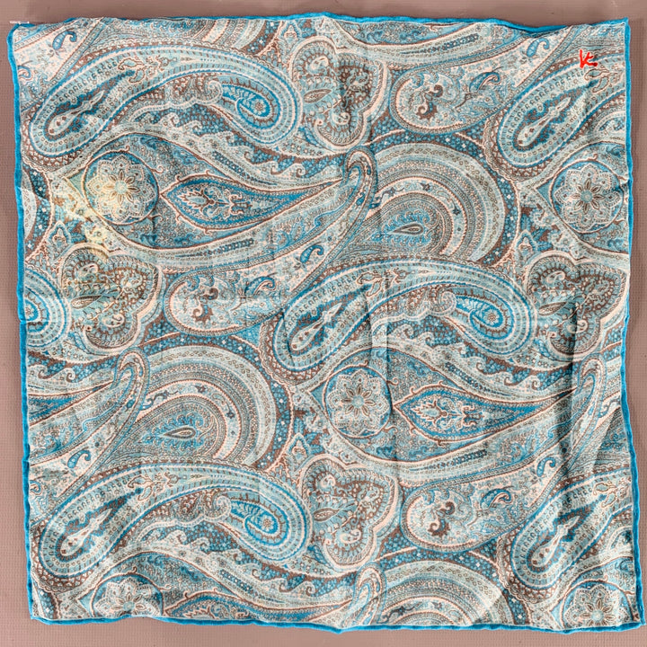 ISAIA Blue Aqua Paisley Cotton Silk Pocket Square