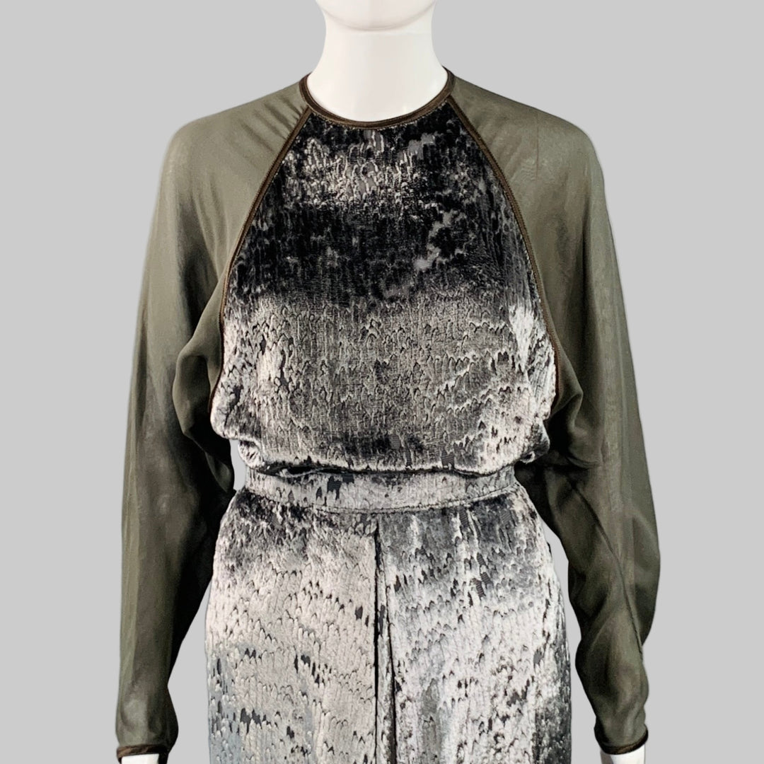 GEOFFREY BEENE Size 6 Grey Green Brown Silk Polyester Velvet Top Skirt Set