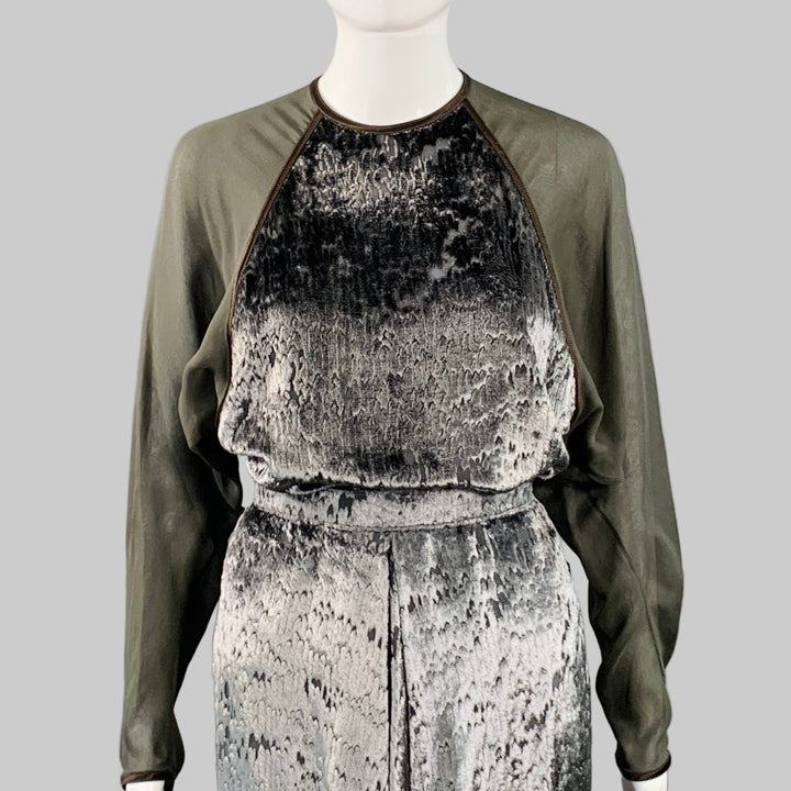 GEOFFREY BEENE Size 6 Grey Green Brown Silk Polyester Velvet Top Skirt Set