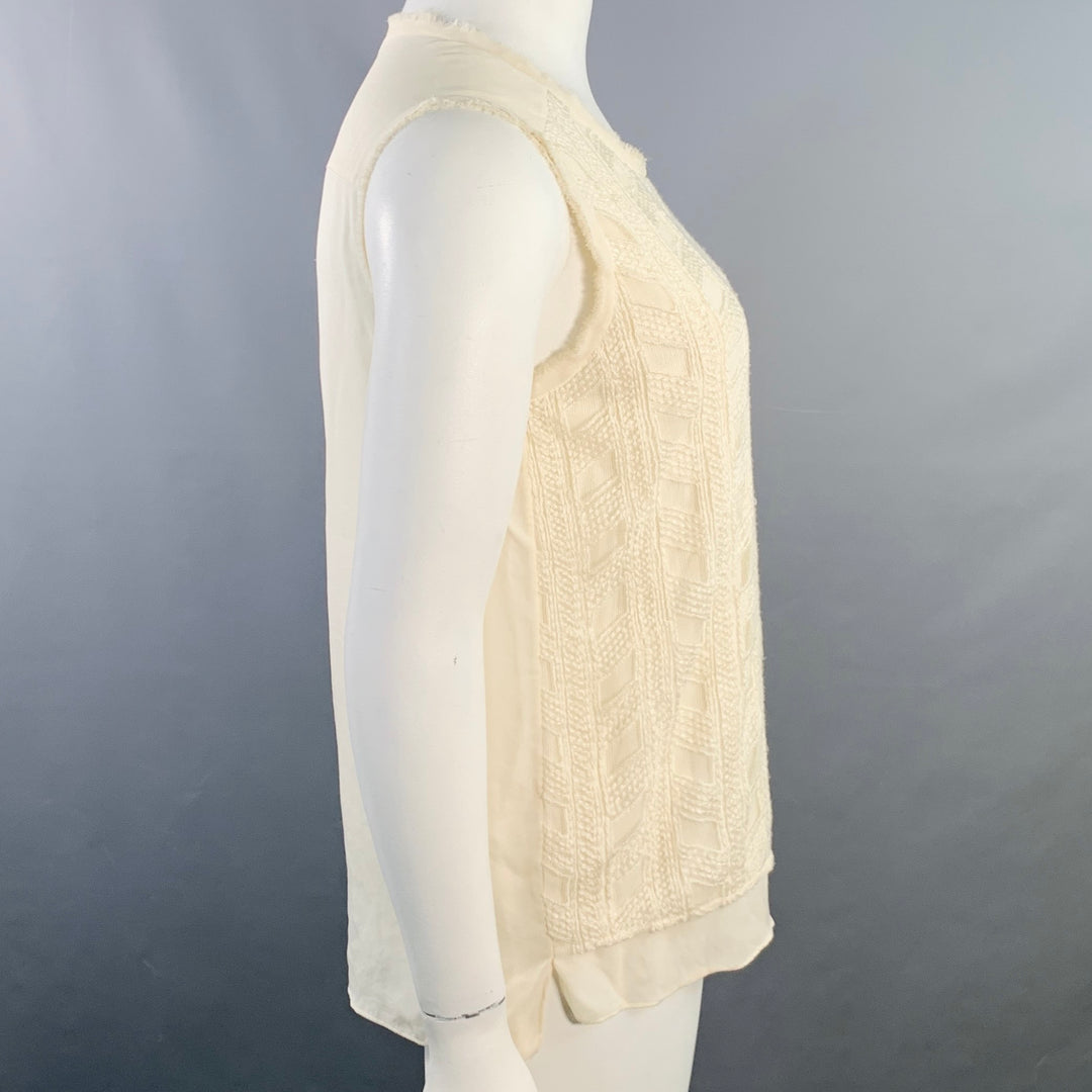 VINCE Size L Cream Nylon Embroidered Geometric Raw Edge Sleeveless Casual Top