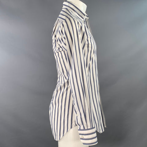 THOM BROWNE Size S White Navy Stripe Cotton One pocket Long Sleeve Shirt