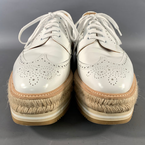 PRADA Size 10 White Tan 2EG015 9 Leather Platform Lace Up Shoes