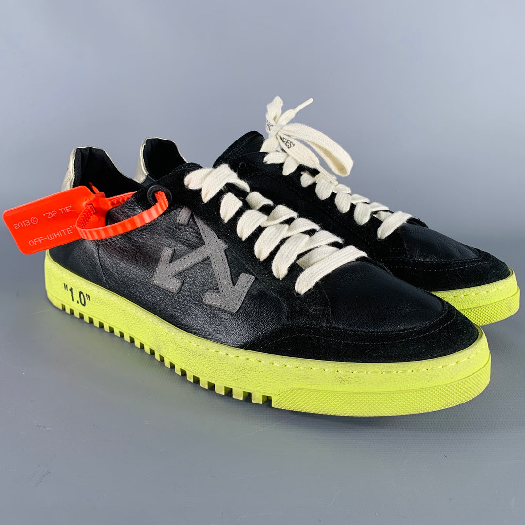 OFF-WHITE Size 10 Black Green Leather Zip Tie Lace-Up Sneakers