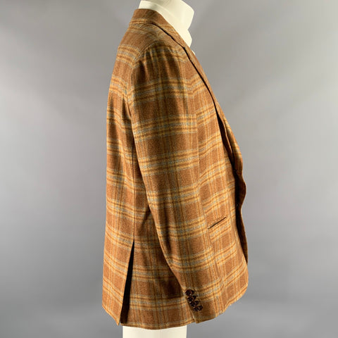 BORRELLI Size 44 Brown Camel Plaid Cashmere Notch Lapel Sport Coat