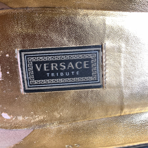 VERSACE Size 6 Black Gold Leather Medusa Pointed Toe Flats