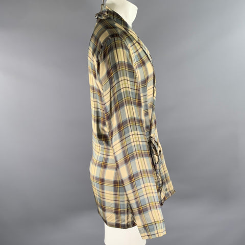 DRIES VAN NOTEN Size M Brown Blue Plaid Viscose Shawl Collar Robe
