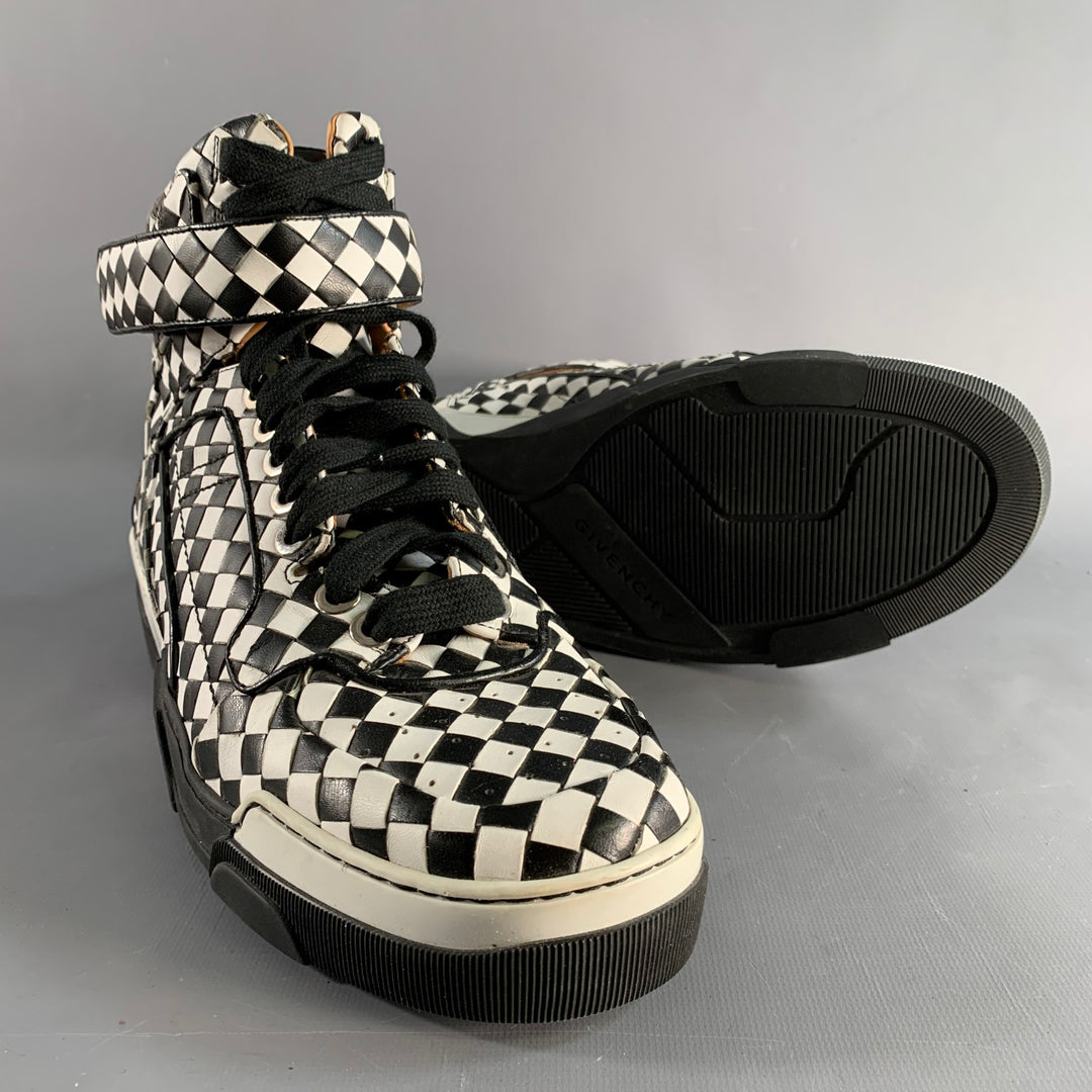 GIVENCHY Size 11 Black White Checkered Leather High Top Sneakers