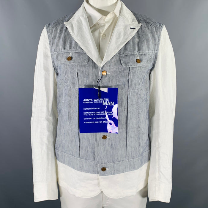 JUNYA WATANABE Size XL White Indigo Pinstripe Linen Cotton Sport Coat