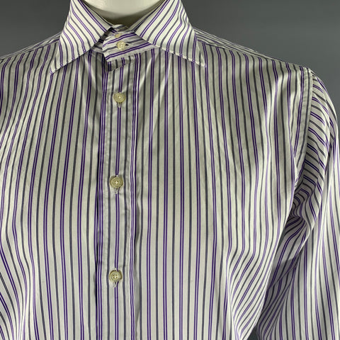 ETRO Size XL White Purple Navy Stripe Cotton Long Sleeve Shirt