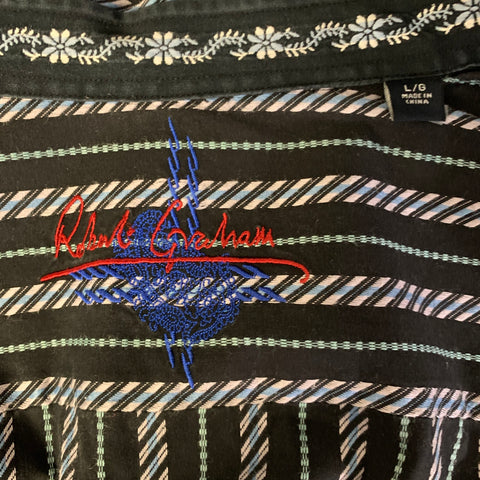 ROBERT GRAHAM Size L Black Blue Stripe Cotton Button Up Long Sleeve Shirt