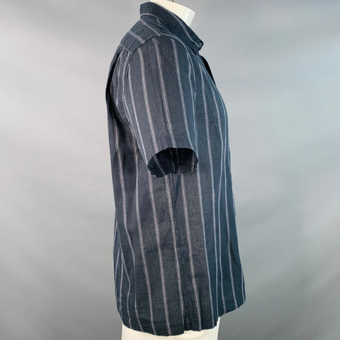 VINCE Size L Black Grey Stripe Linen Cotton Classic Fit One Pocket Short Sleeve Shirt