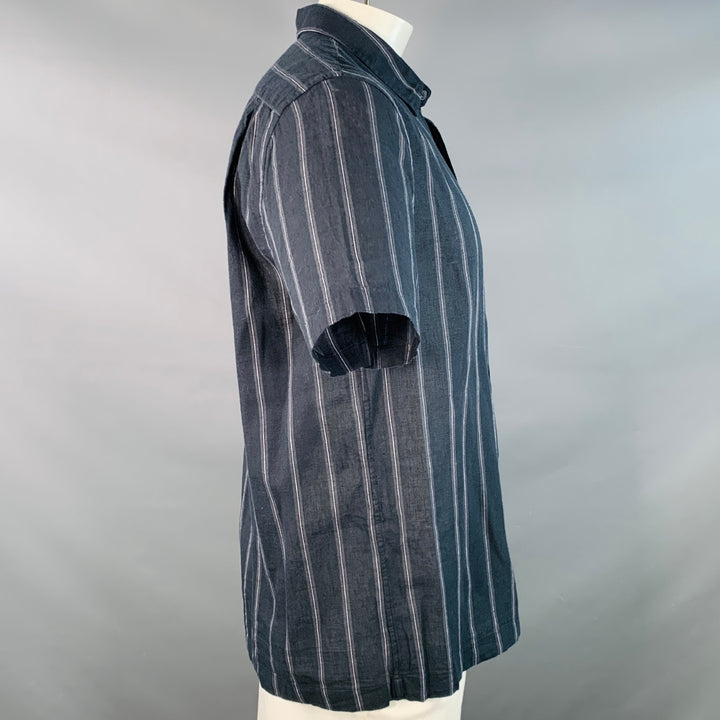 VINCE Size L Black Grey Stripe Linen Cotton Classic Fit One Pocket Short Sleeve Shirt
