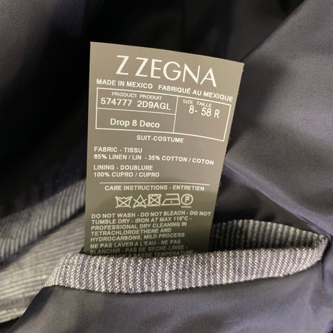 Z ZEGNA Chest Size 48 Navy White Pinstripe Linen Cotton Notch Lapel 38 30 Suit