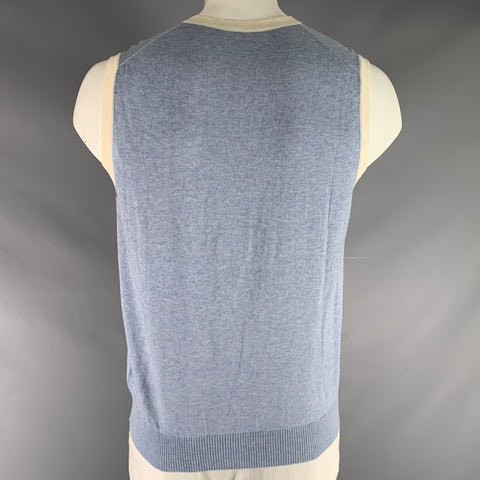ETRO Size XL Blue White Knitted Cotton Cashmere V-Neck Vest